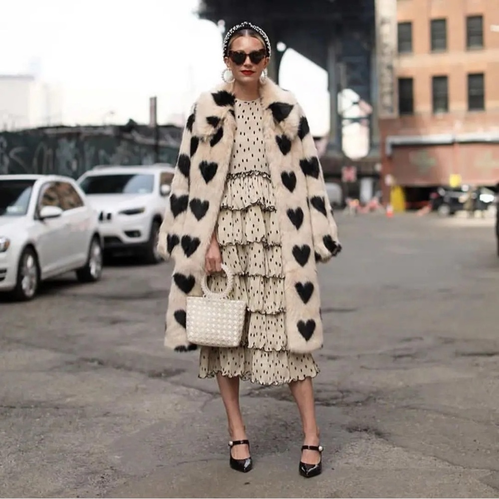 Ivory and Black Heart Faux Fur Coat - Women's Statement Jacket